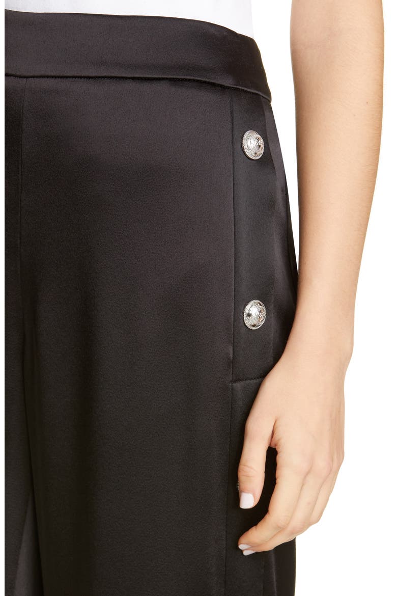 Side Button High Waist Satin Track Pants, Alternate, color, NOIR