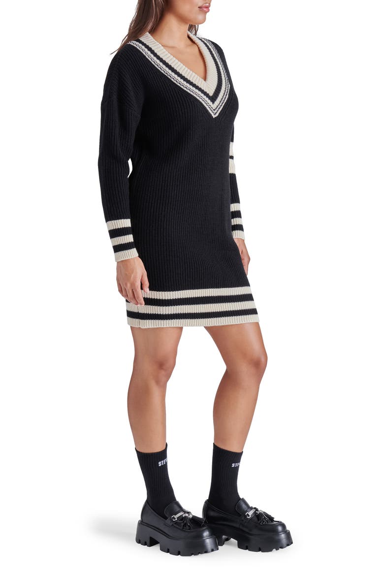 Colleen Stripe Trim Long Sleeve Sweater Minidress, Alternate, color, BLACK