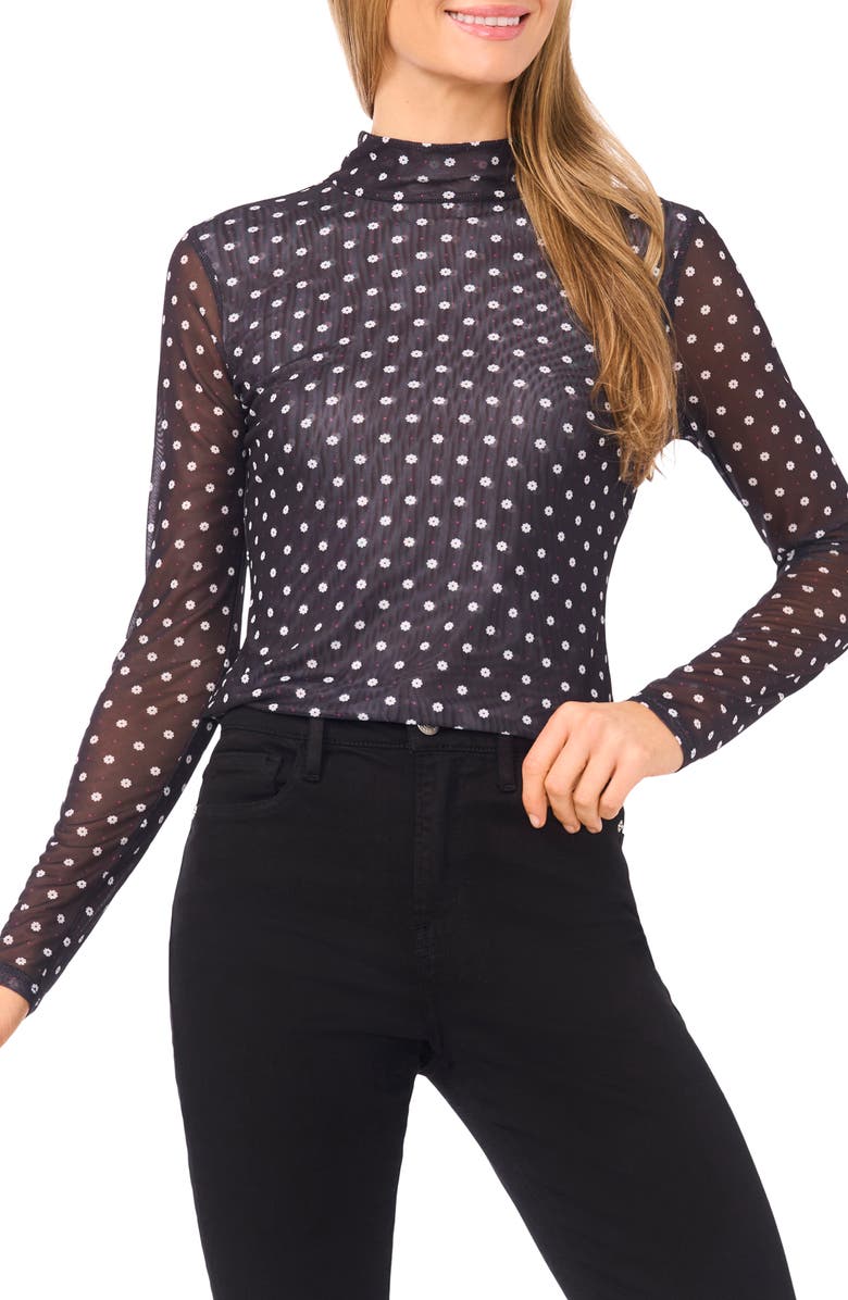 CeCe Long Sleeve Mesh Turtleneck, Main, color, Rich Black