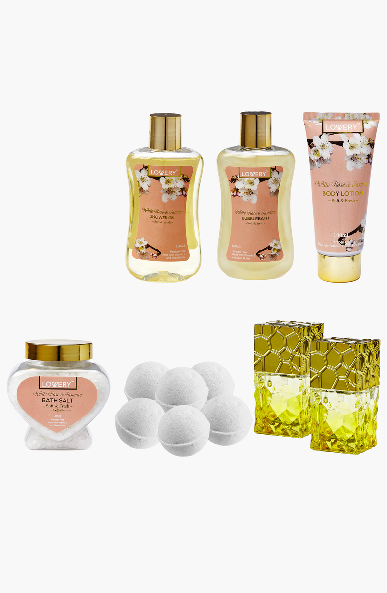 Lovery White Rose and Jasmine Bath And Body Gift Basket, Alternate, color, Light Pink / Gold