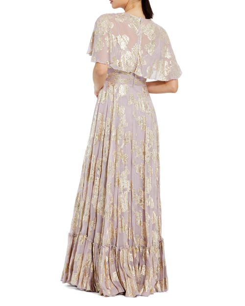 Mac Duggal Floral Print High Neck Cape Sleeve A Line Gown