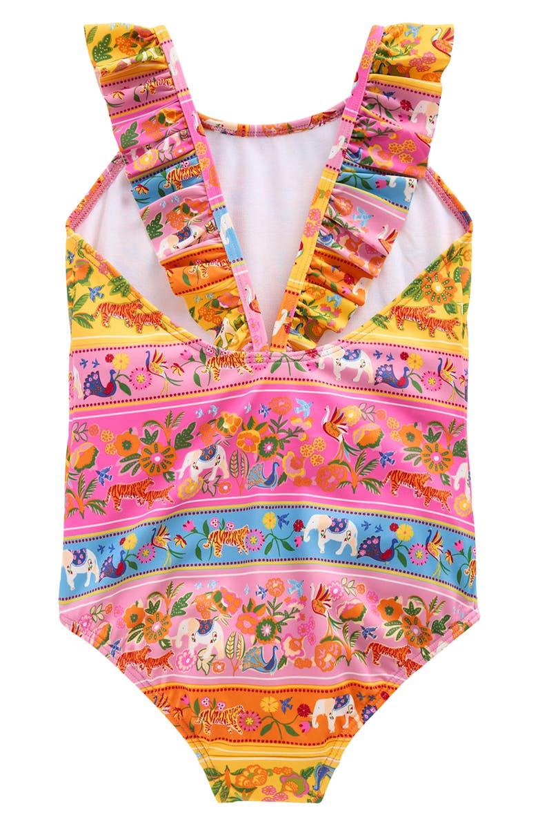 Mini Boden Kids' Frill Strap One-Piece Swimsuit, Alternate, color, Multi Tropical Animals Stripe