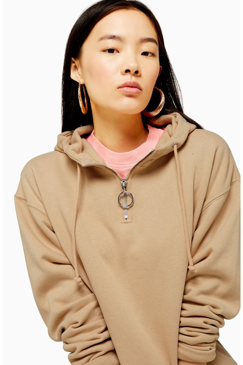 Quarter-Zip Hooded Sweatshirt, Alternate, color, STONE