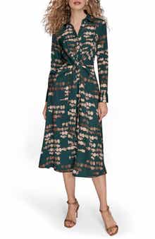Donna Karan New York Abstract Long Sleeve Tie Front Stretch Satin Shirtdress
