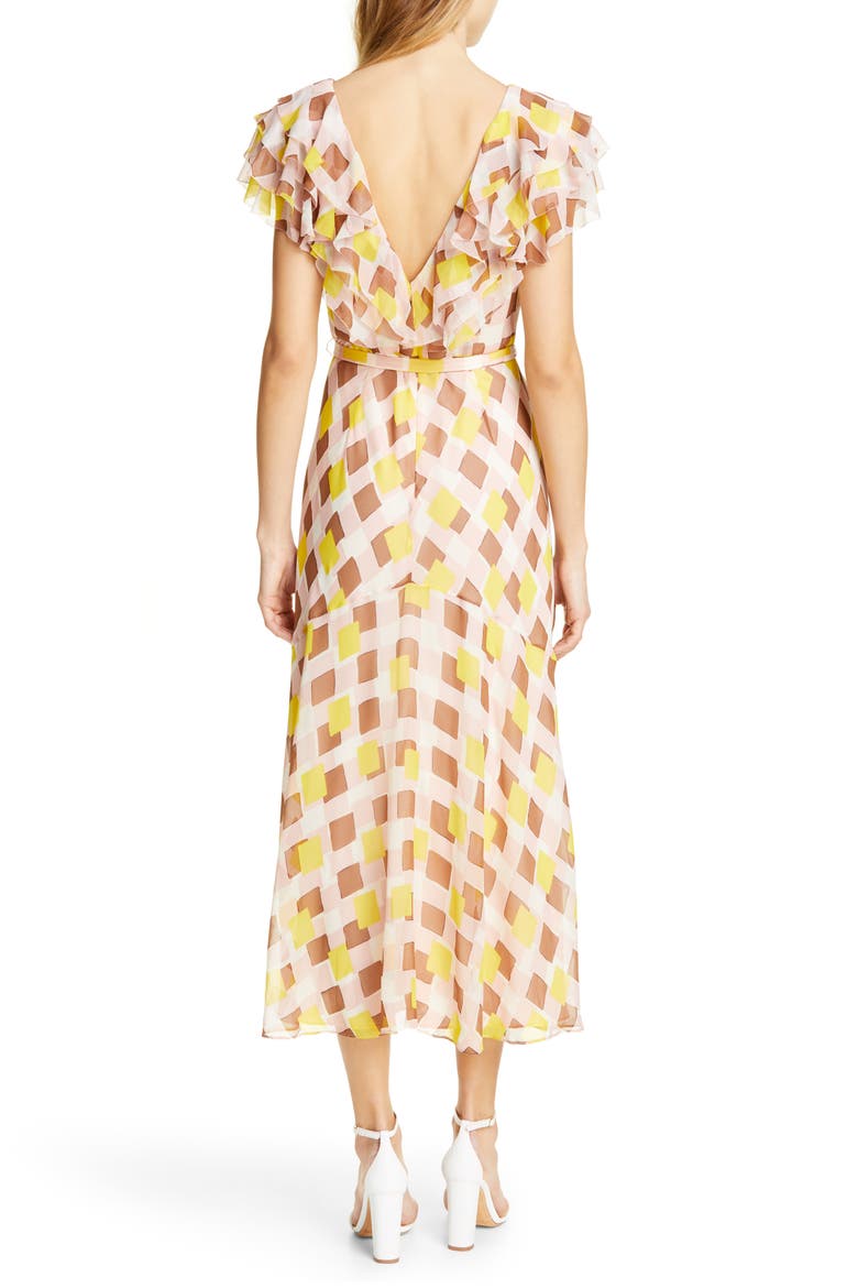 geo print ruffle silk midi dress, Alternate, color, STRAWBERRY MOCHI