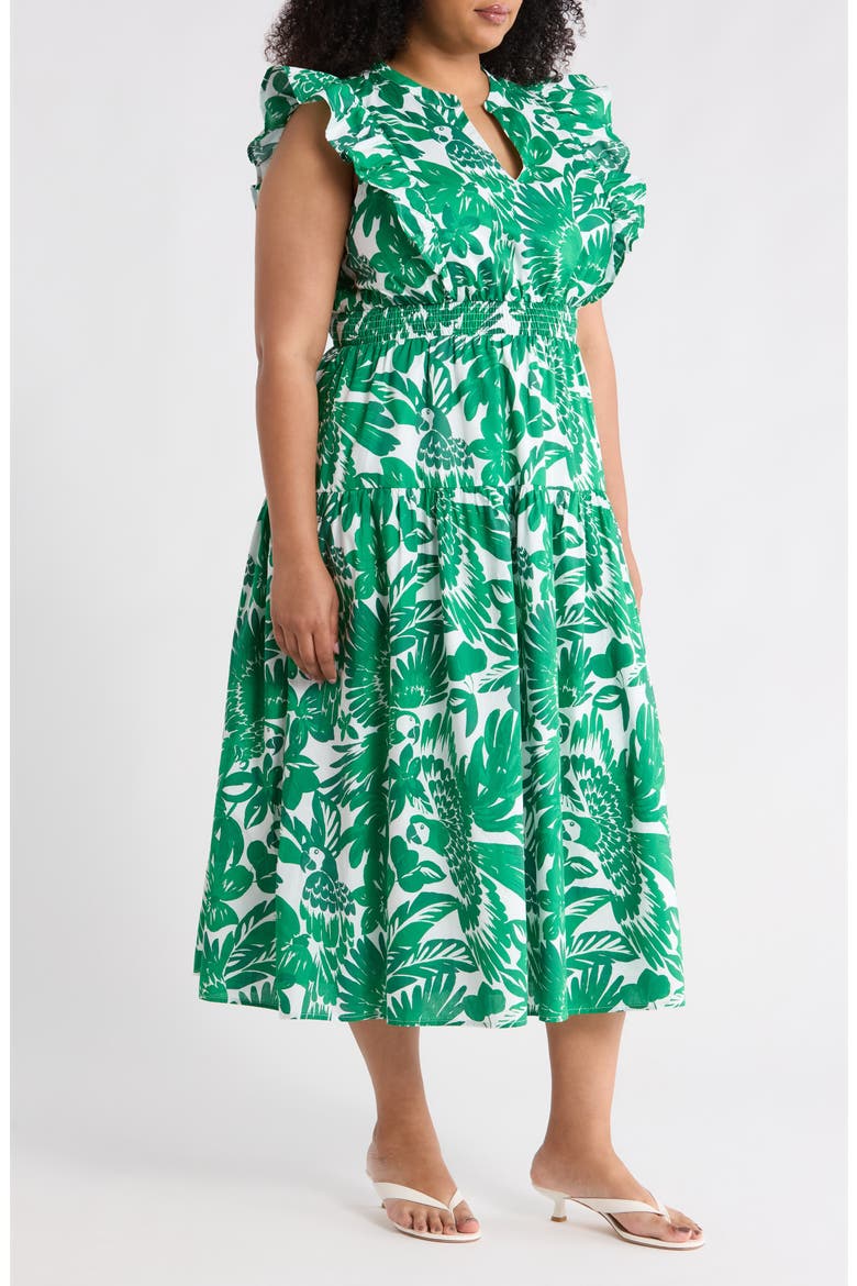 Masey Tropical Print Ruffle Midi Dress, Alternate, color, WHITE-GREENS