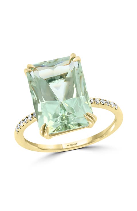 14K Yellow Gold Emerald Cut Green Amethyst & Diamond Ring