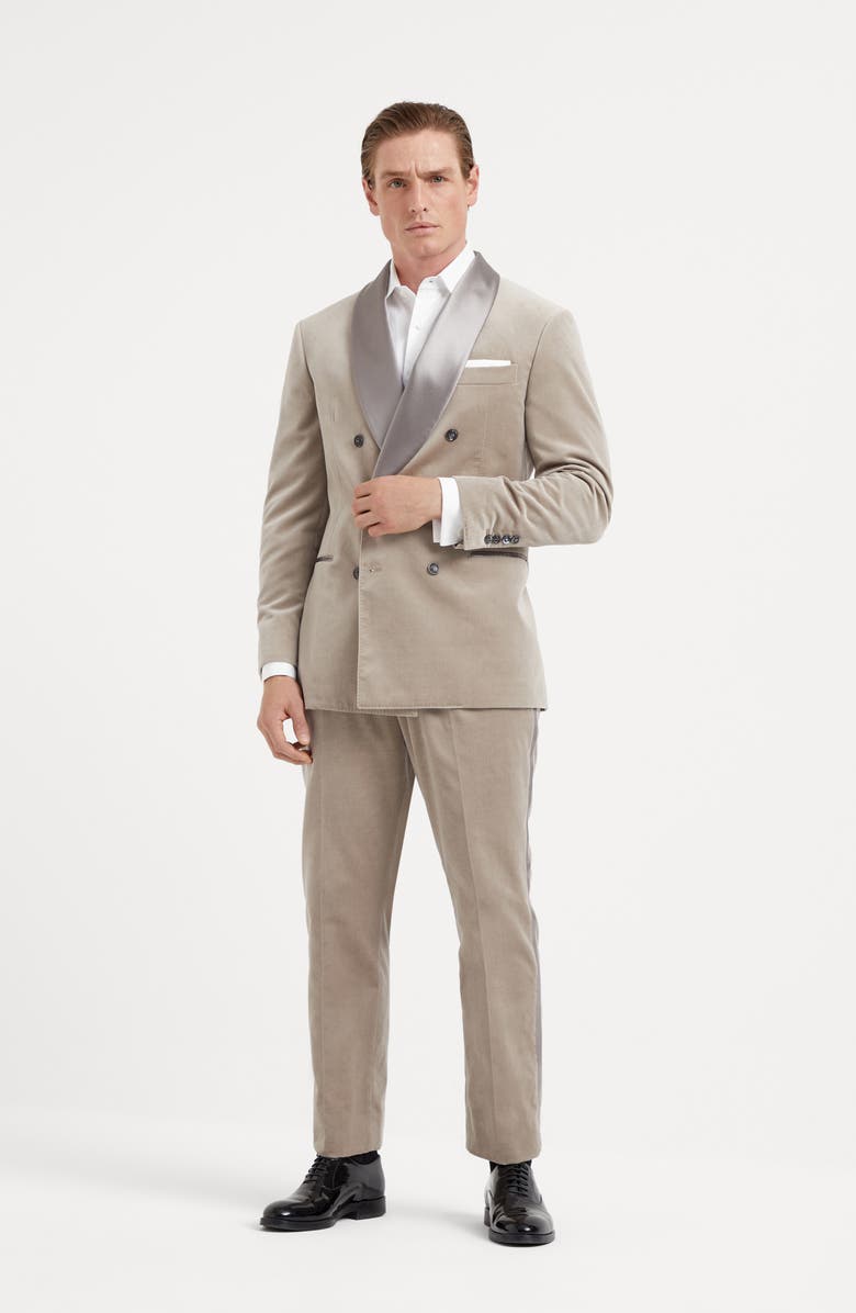 Brunello Cucinelli Cotton velvet tuxedo with one-and-a-half breasted shawl lapel jacket and pleated trousers, Alternate, color, 