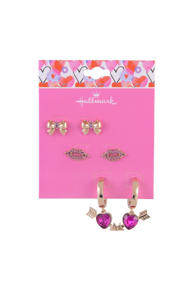 Gold Tone Trio Earring Set, Alternate, color, Pink