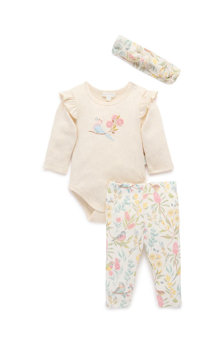 Purebaby 3 Piece Australiana Set with Headband, Main, color, Aviary Garden