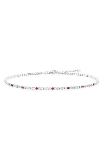 Simona Sterling Silver Round Cubic Zirconia Tennis Anklet In Red