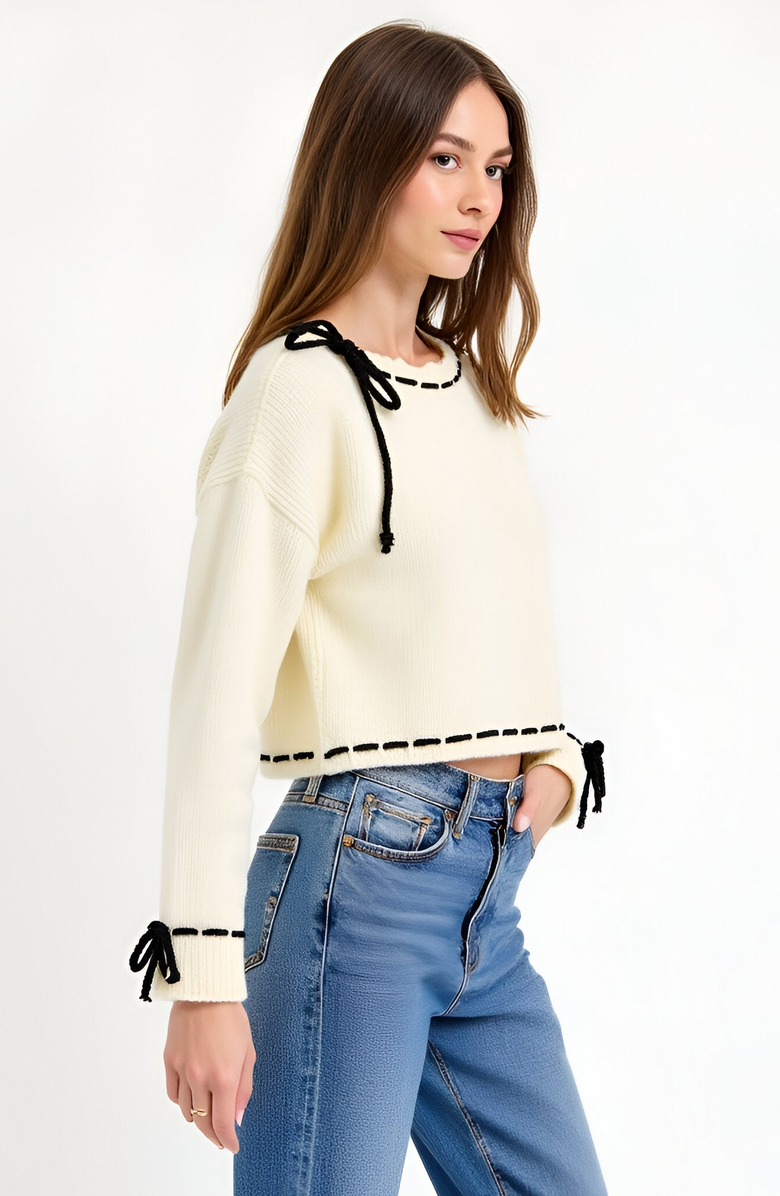 Modenaire Contrast Tie Scalloped Boat Neck Cropped Hem Knit Sweater, Alternate, color, Ivory