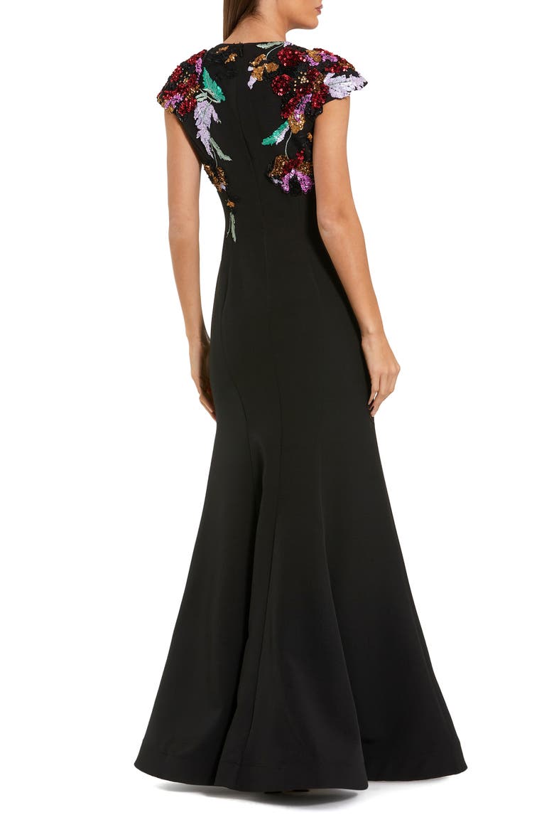 Women's Crepe Mermaid Gown With Floral Embroidery, Alternate, color, Black Multi