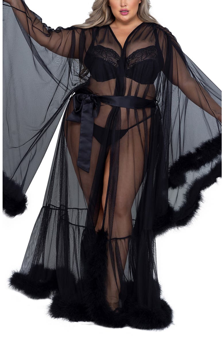 Hollywood Glam Feather Trim Mesh Robe, Alternate, color, BLACK