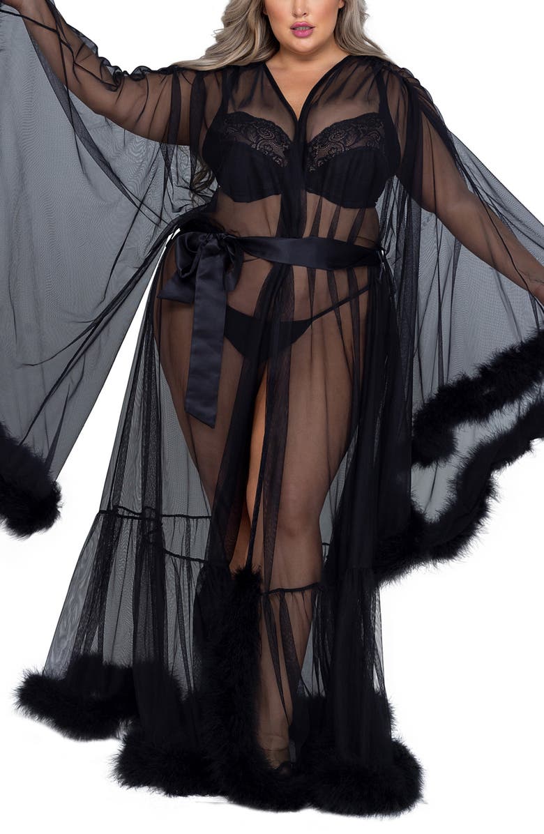 Roma Confidential Hollywood Glam Feather Trim Mesh Robe, Alternate, color, Black