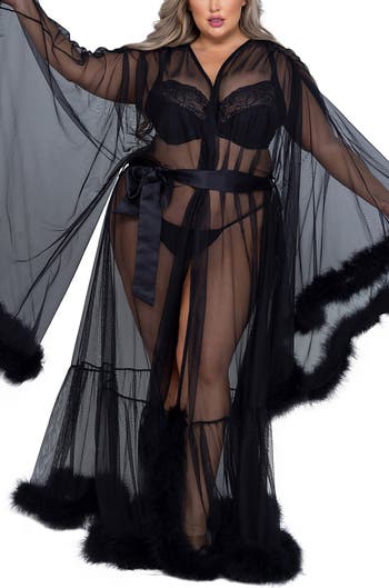 Hollywood Glam Feather Trim Mesh Robe