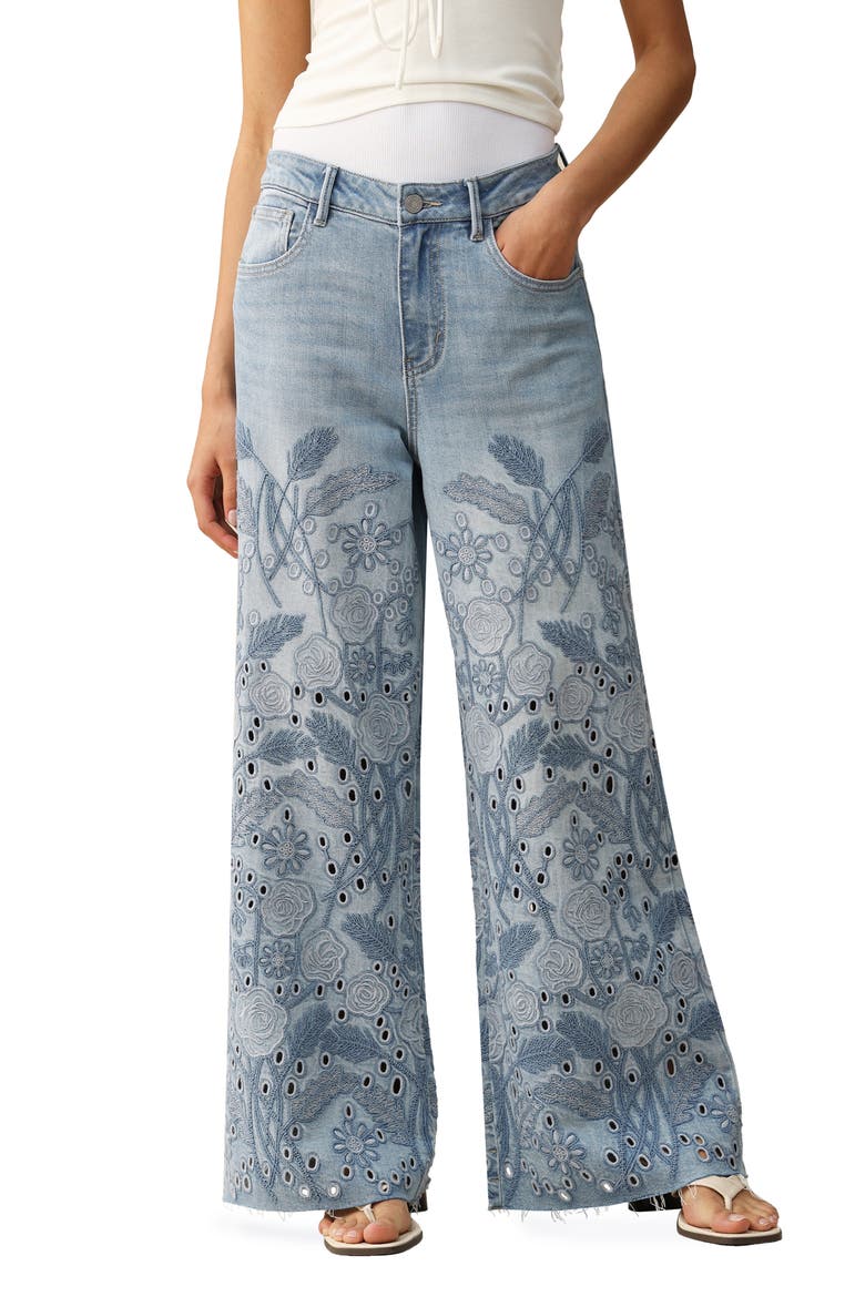 Embroidered High Waist Wide Leg Jeans, Main, color, MEDIUM BLUE