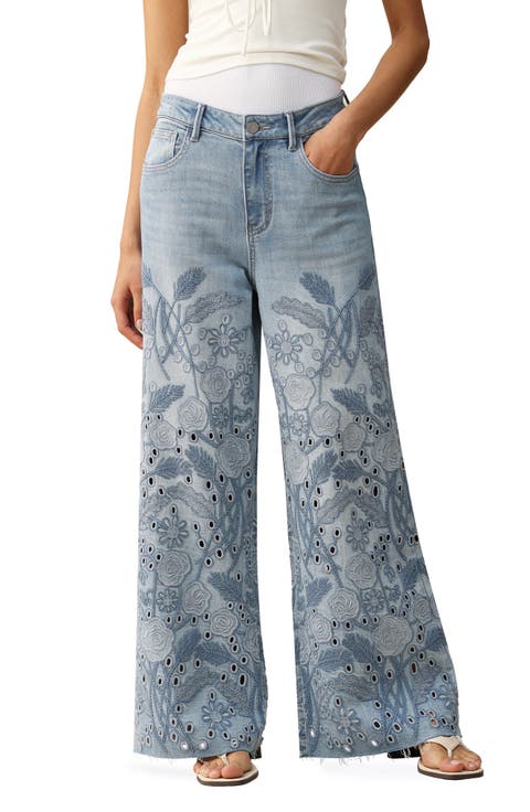 Embroidered High Waist Wide Leg Jeans