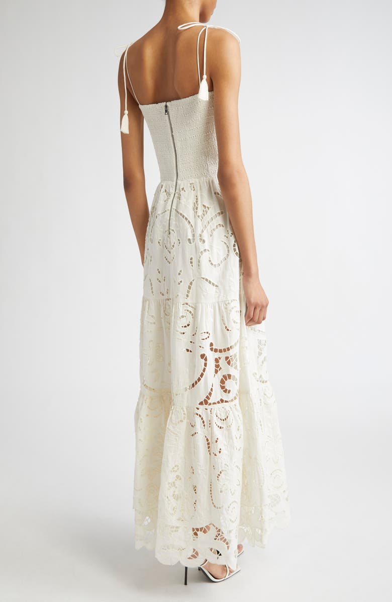 Alice + Olivia Marina Mixed Media Tiered Cotton & Linen Maxi Dress, Alternate, color, Off White