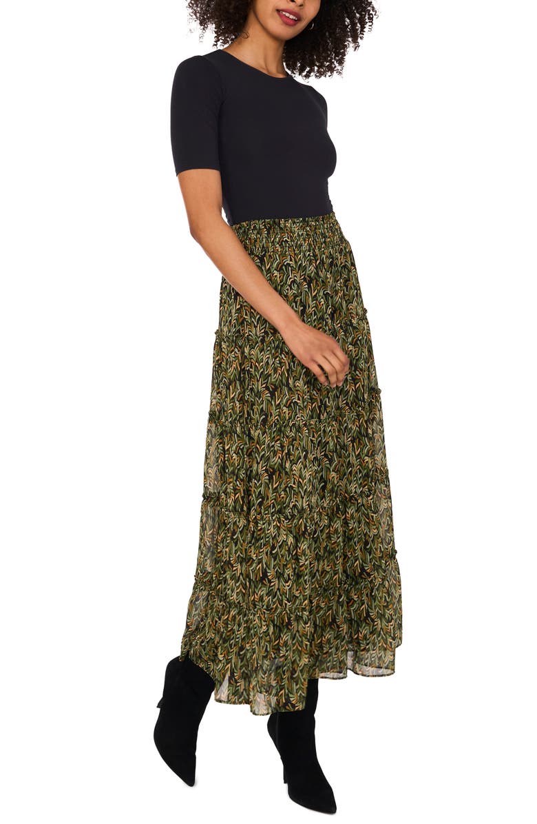 Vince Camuto V-Print Georgette Tiered Skirt, Alternate, color, Rich Black/ Green