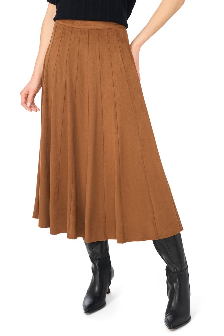 Panelled Pintuck Faux Suede Midi Skirt, Main, color, TOBACCO BROWN