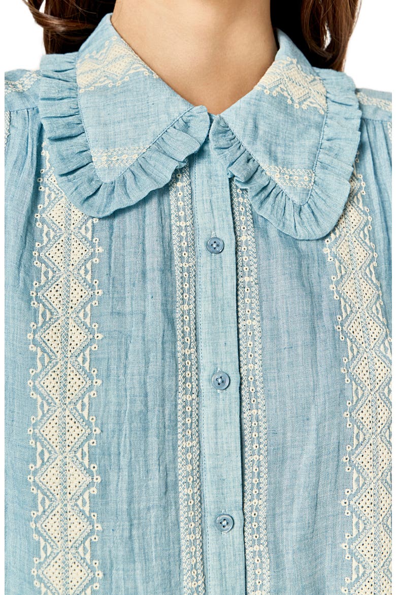 Ruffle Embroidered Puff Shoulder Shirt, Alternate, color, POWDER BLUE/ NATURAL
