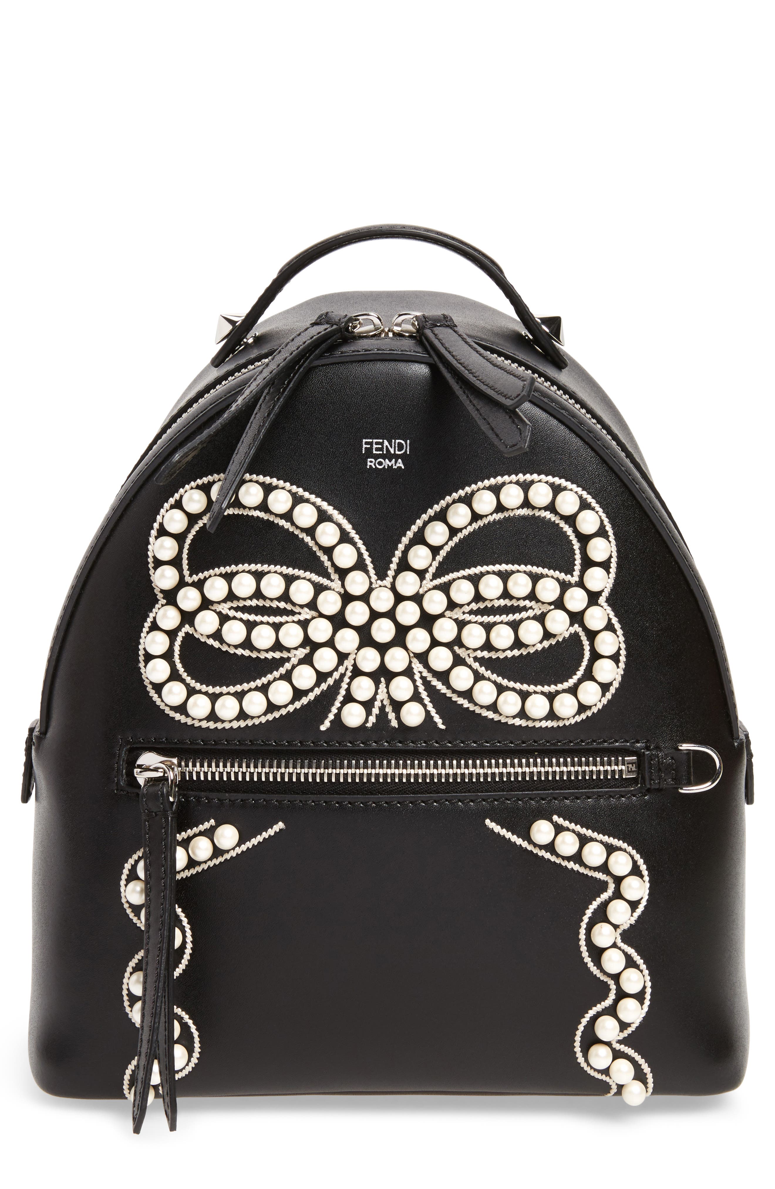 Fendi Mini Imitation Pearl Bow Leather Backpack, Main, color, 