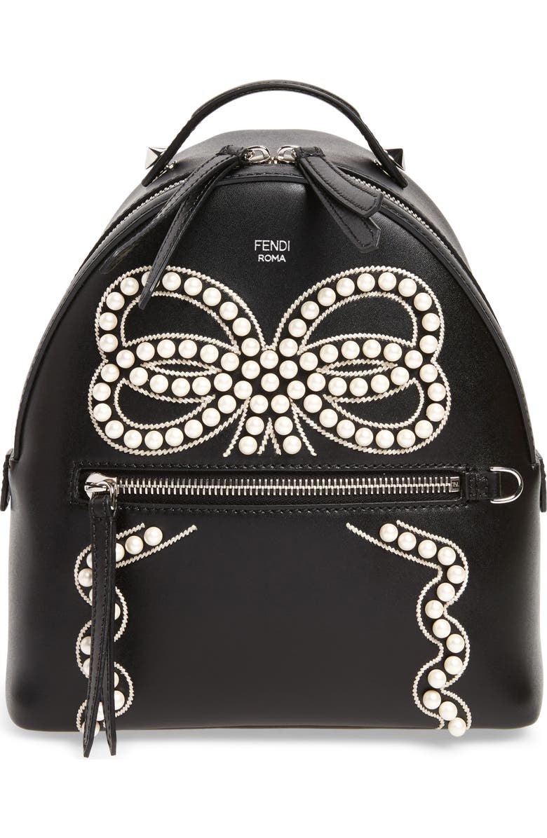 Fendi Mini Imitation Pearl Bow Leather Backpack, Main, color,