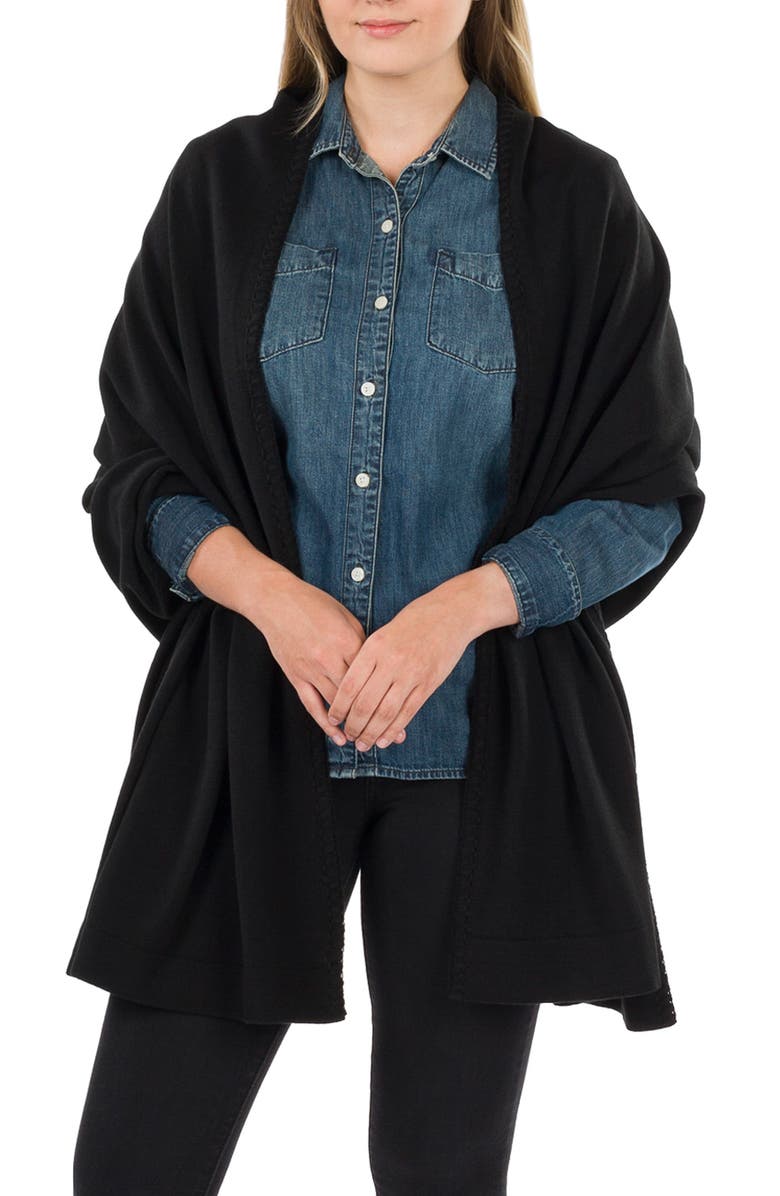 Patricia Nash Contrast Stitch Knit Ruana, Main, color, Black