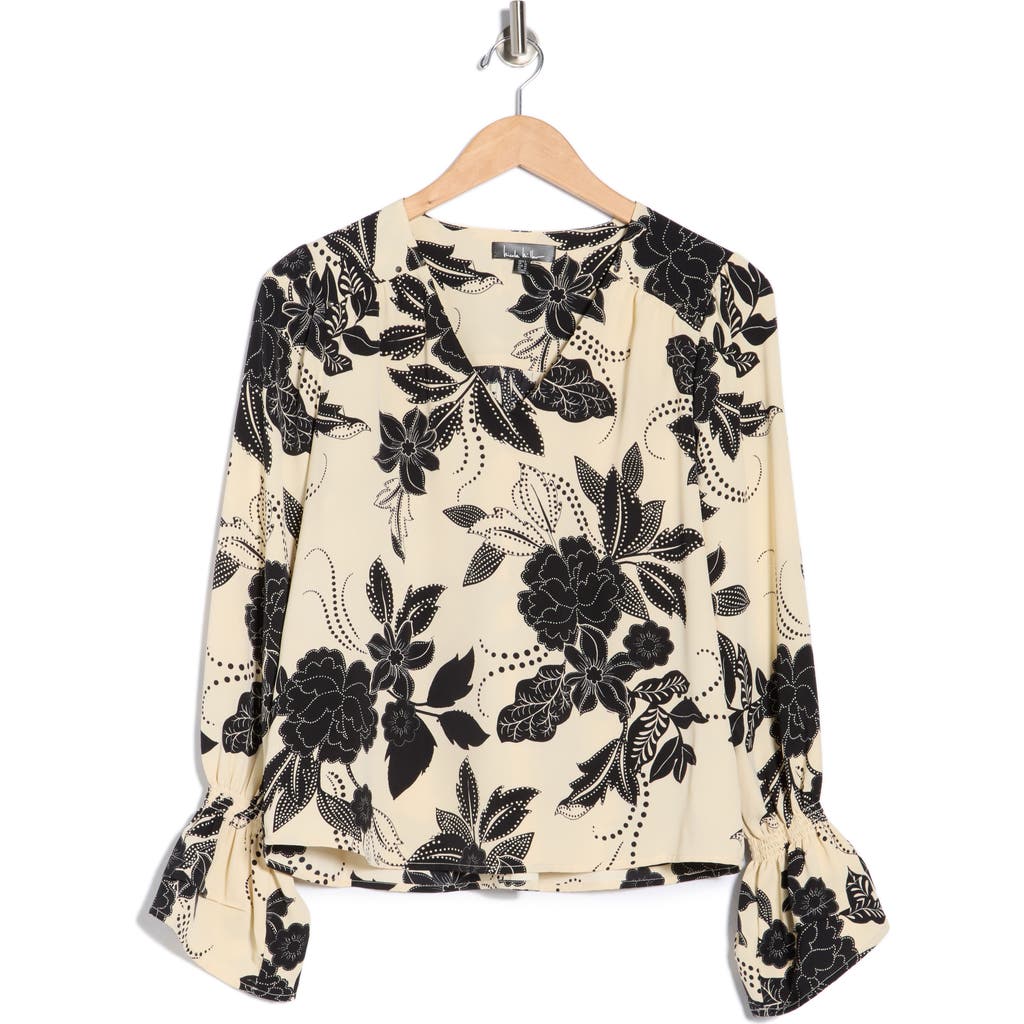 Nicole Miller Floral V-neck Long Sleeve Top In Black