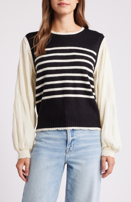 Bobeau Stripe Mixed Media Sweater in Black/Ivory 