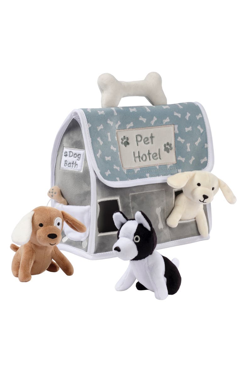 Pet Hotel Interactive Plush Playset Toy w/ 3 Stuffed Animal Dogs, Main, color, Green