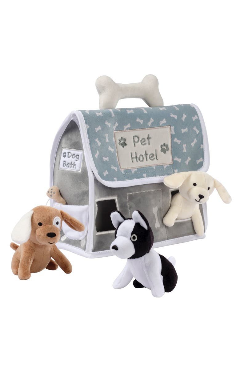 Lambs & Ivy Pet Hotel Interactive Plush Playset Toy w/ 3 Stuffed Animal Dogs, Main, color, Green