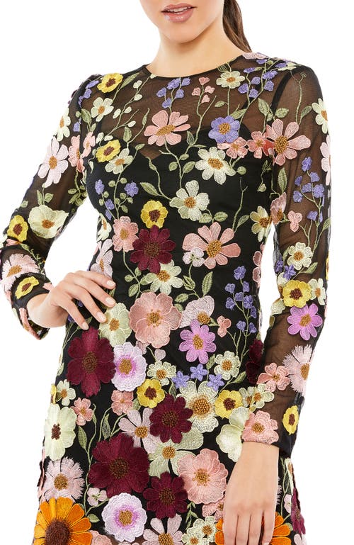 Mac Duggal Embroidered Floral Long Sleeve Mesh Minidress In Black Multi