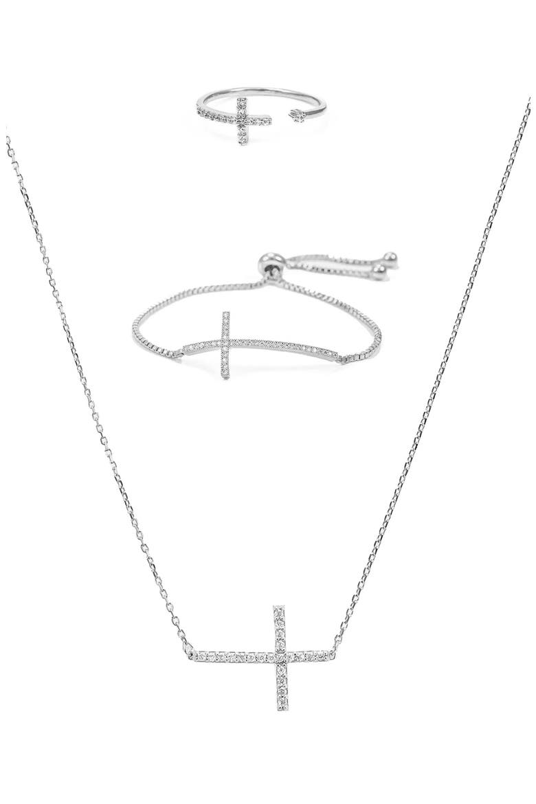 Horizontal Cross Adjustable Bracelet, Necklace & Ring Set Faith‑Inspired, Main, color, Silver