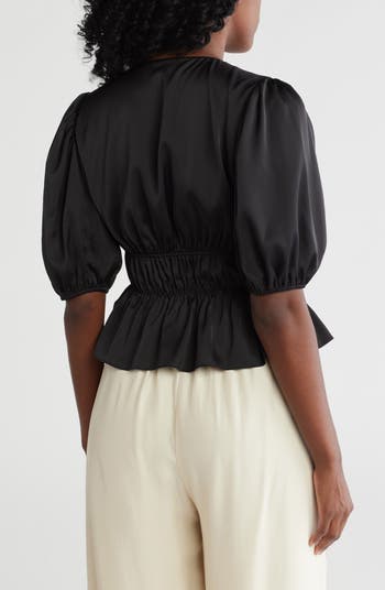 Puff Sleeve Tie Front Satin Top