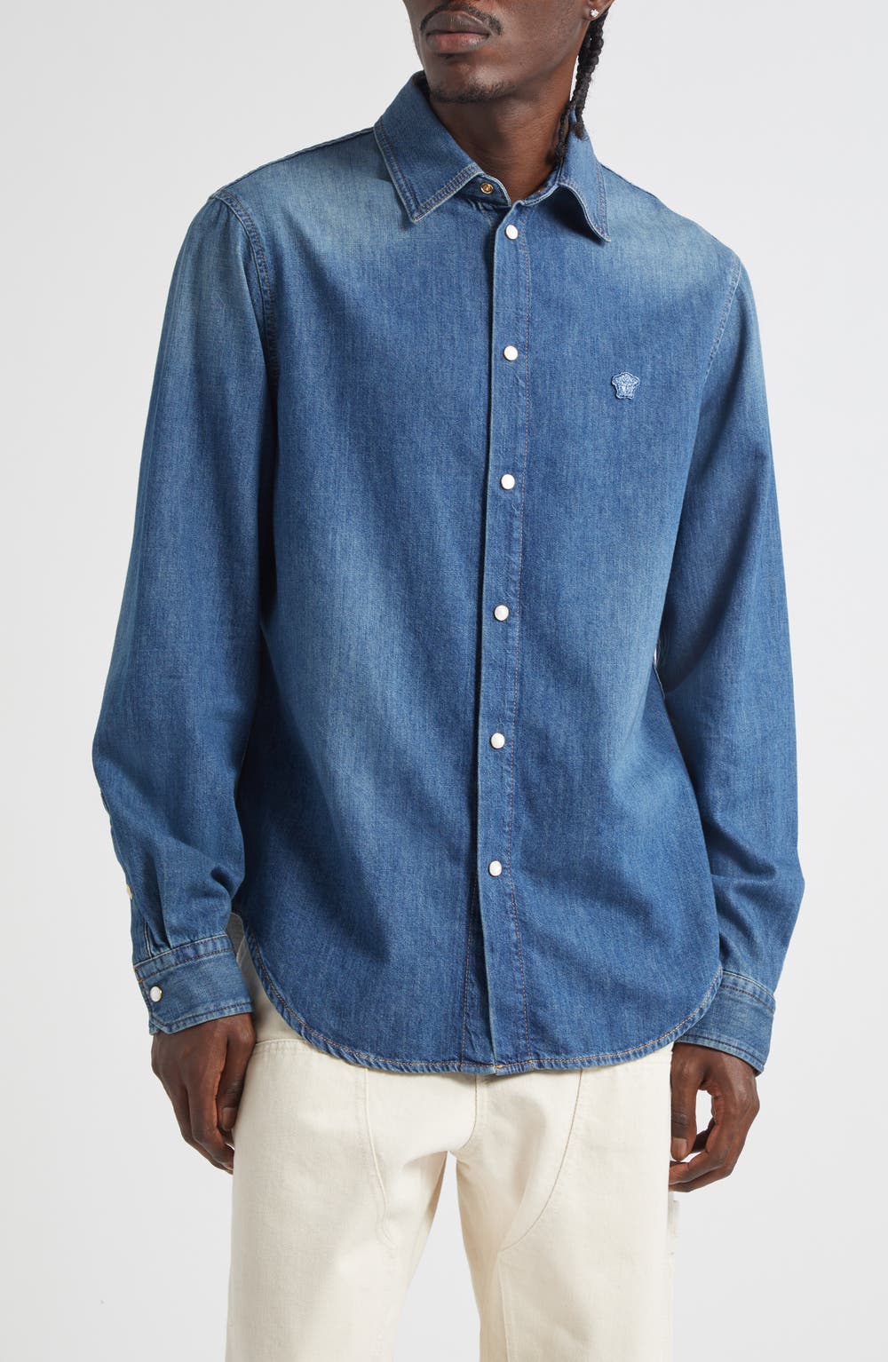 Medusa Patch Denim Snap-Up Shirt, color, MEDIUM BLUE