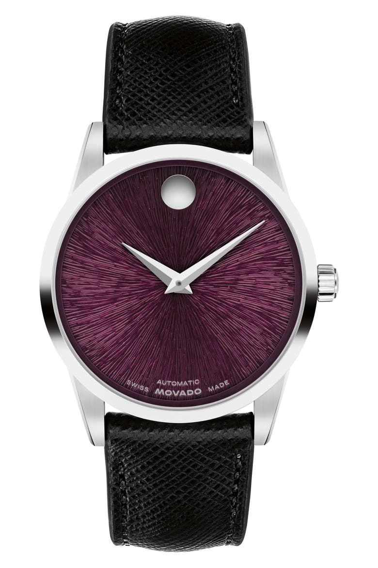 Museum Classic Automatic Leather Strap Watch, 33mm, Main, color, PURPLE/ BLACK