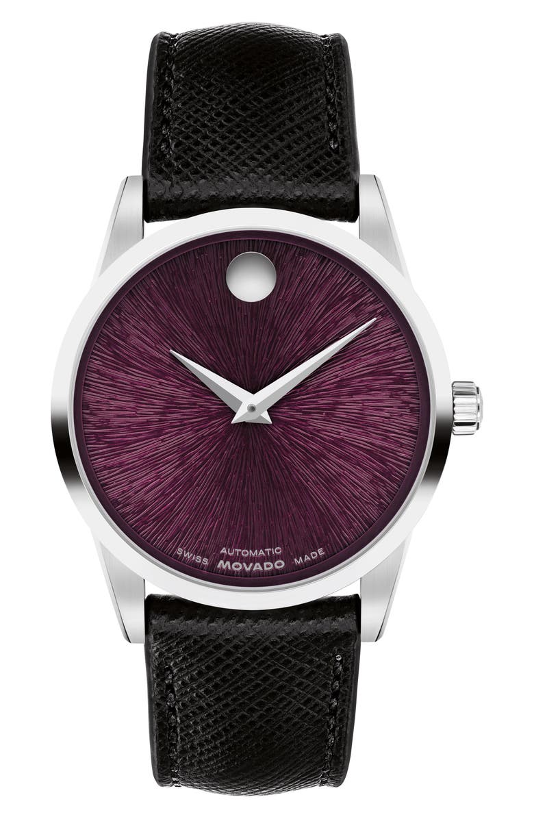 Movado Museum Classic Automatic Leather Strap Watch, 33mm, Main, color, Purple/ Black