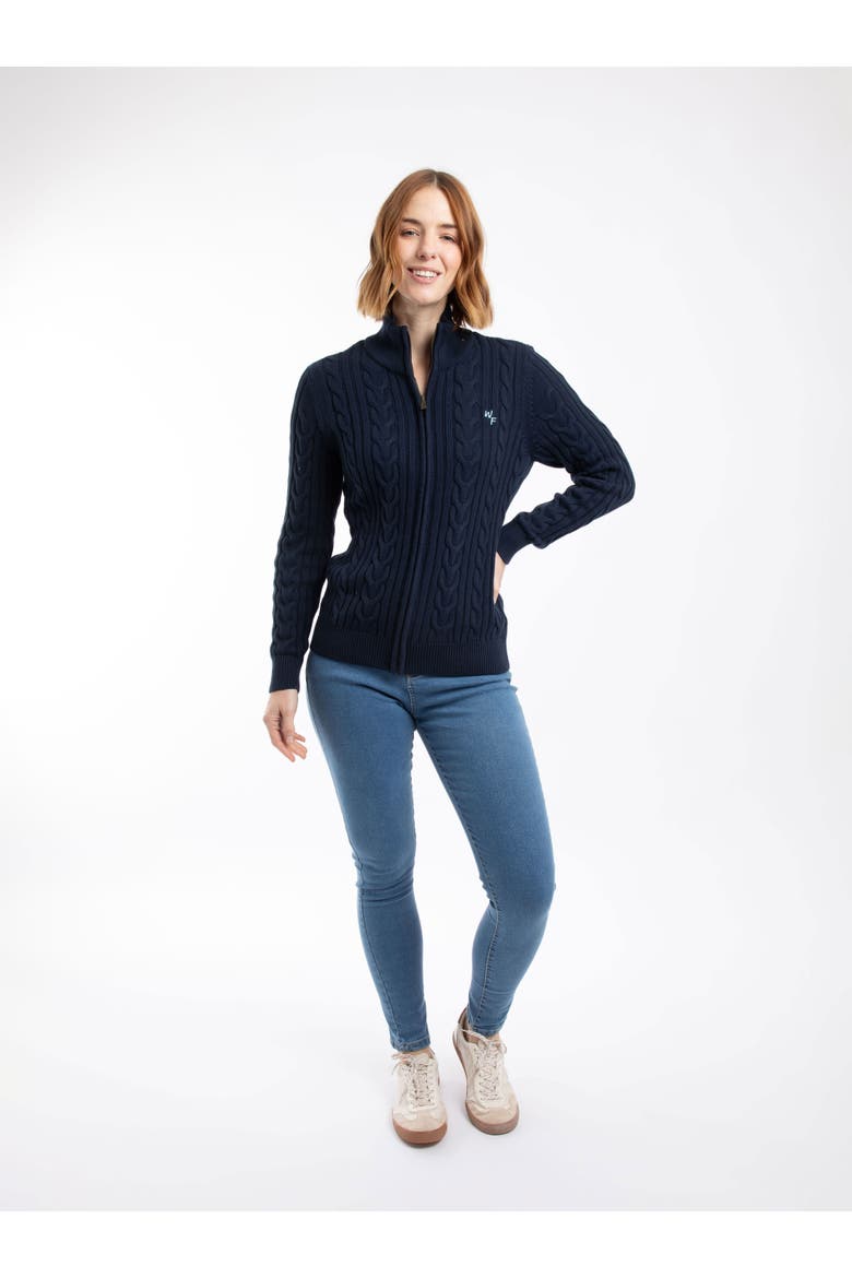 Lunenne Full Zip Cable Knit Cardigan, Alternate, color, Navy