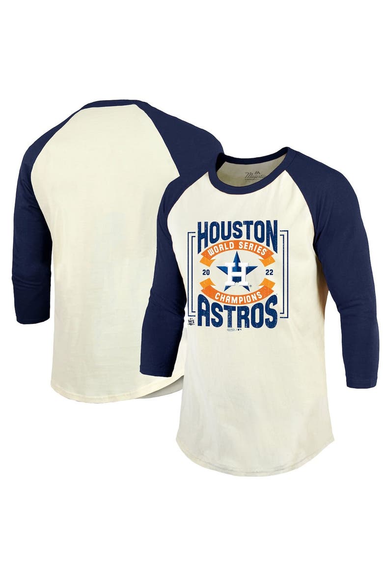 Men's Majestic Threads Cream/Navy Houston Astros 2022 World Series Champions Divide And Conquer Tri-Blend Raglan 3/4-Sleeve T-Shirt, Main, color, Cream