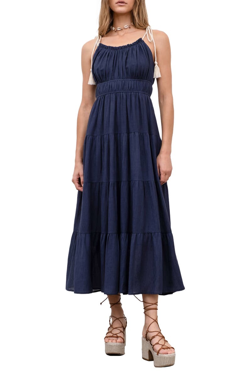 MOON RIVER Tie Strap Shirred Midi Dress, Main, color,