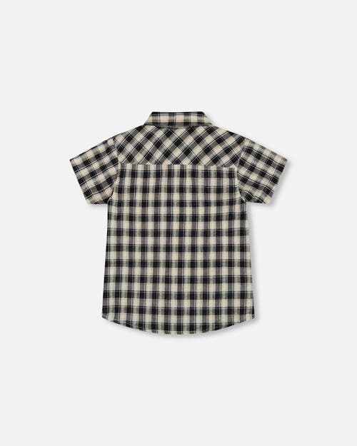 Deux Par Deux Little Boy's Short Sleeve Button Down Shirt Black And Beige Plaid In Black And Beige Plaid