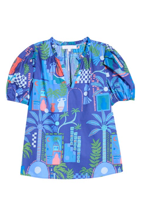 Punta Alta Berisa Split Neck Puff Sleeve Cotton Top