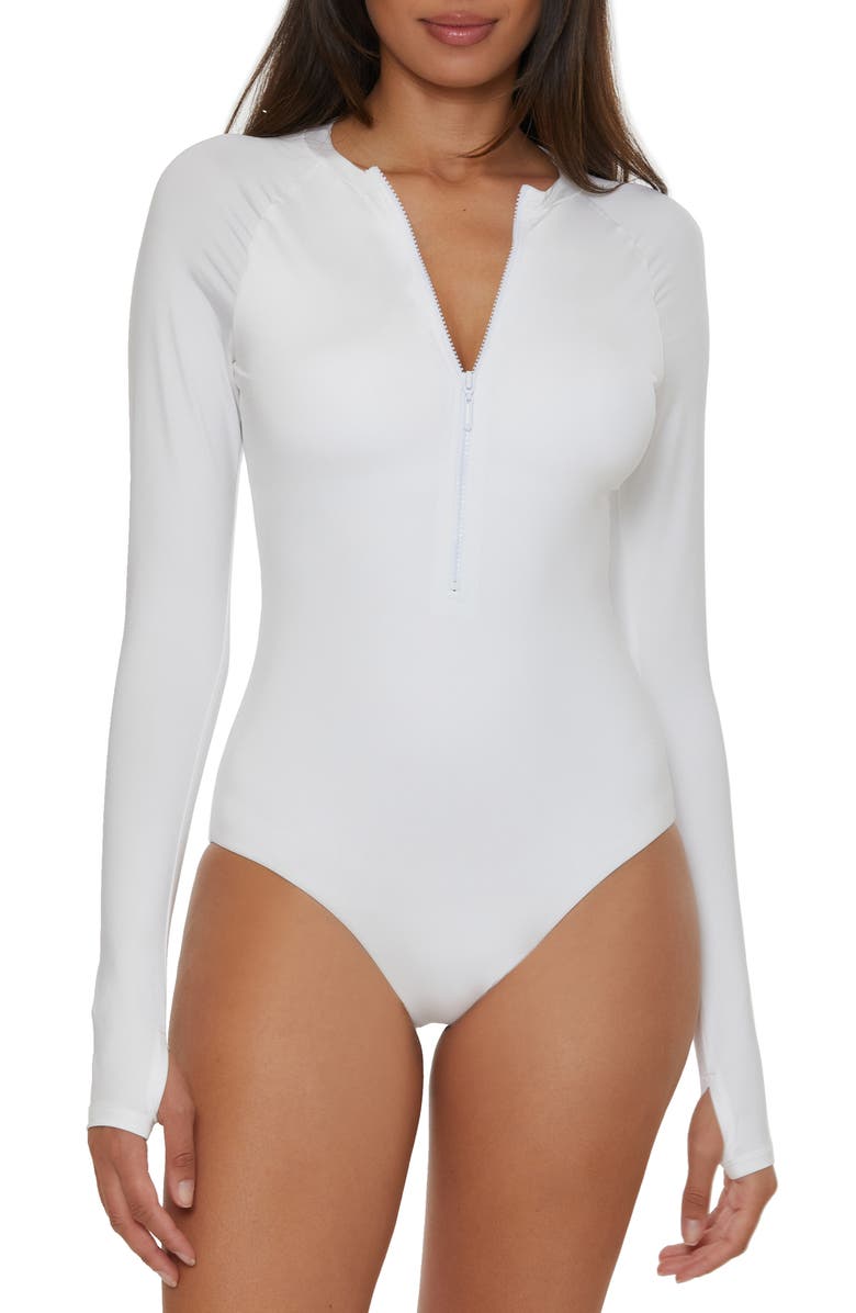 Trina Turk Half Zip Long Sleeve One-Piece Rashguard Swimsuit, Main, color, White