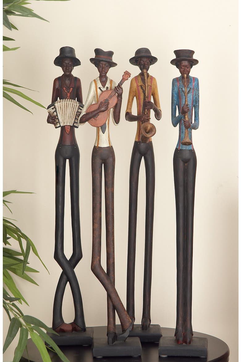 Brown Polystone Tall Long Legged Jazz Band Musician Sculpture with Black Base Stand - Set of 4, Alternate, color, BROWN