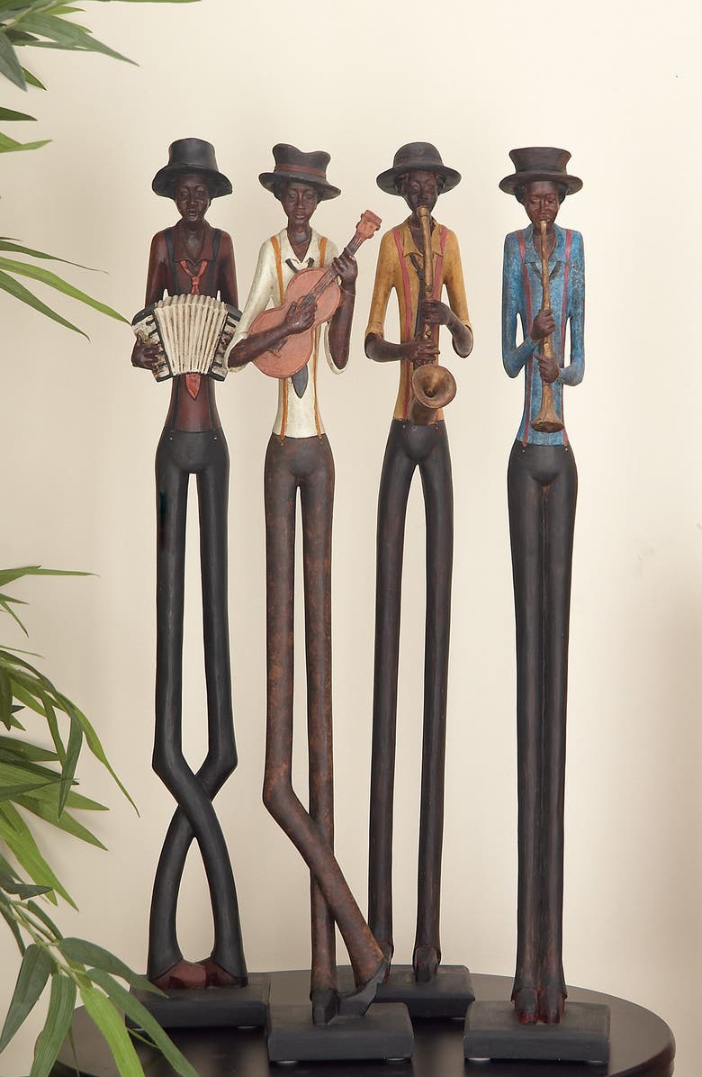 WILLOW ROW Brown Polystone Tall Long Legged Jazz Band Musician Sculpture with Black Base Stand - Set of 4, Alternate, color,