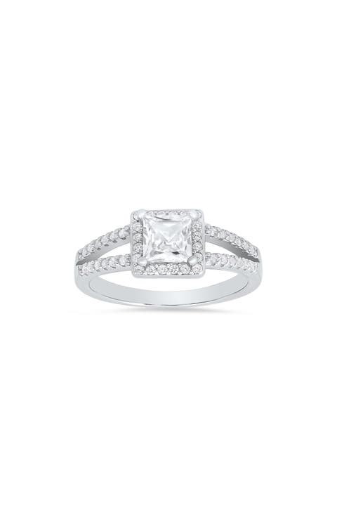 Sterling Silver Princess Cut Halo Cubic Zirconia Ring