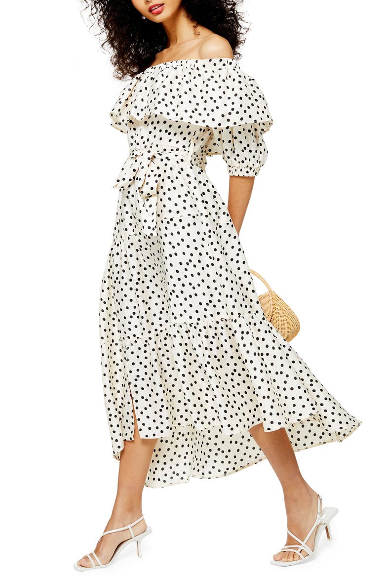 Bardot Spot Print Asymmetrical Off the Shoulder Dress, Main, color, WHITE MULTI