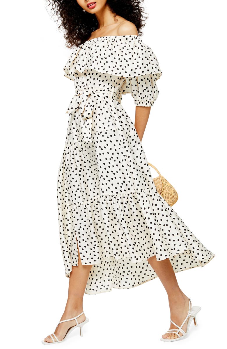 Topshop Bardot Spot Print Asymmetrical Off the Shoulder Dress, Main, color,